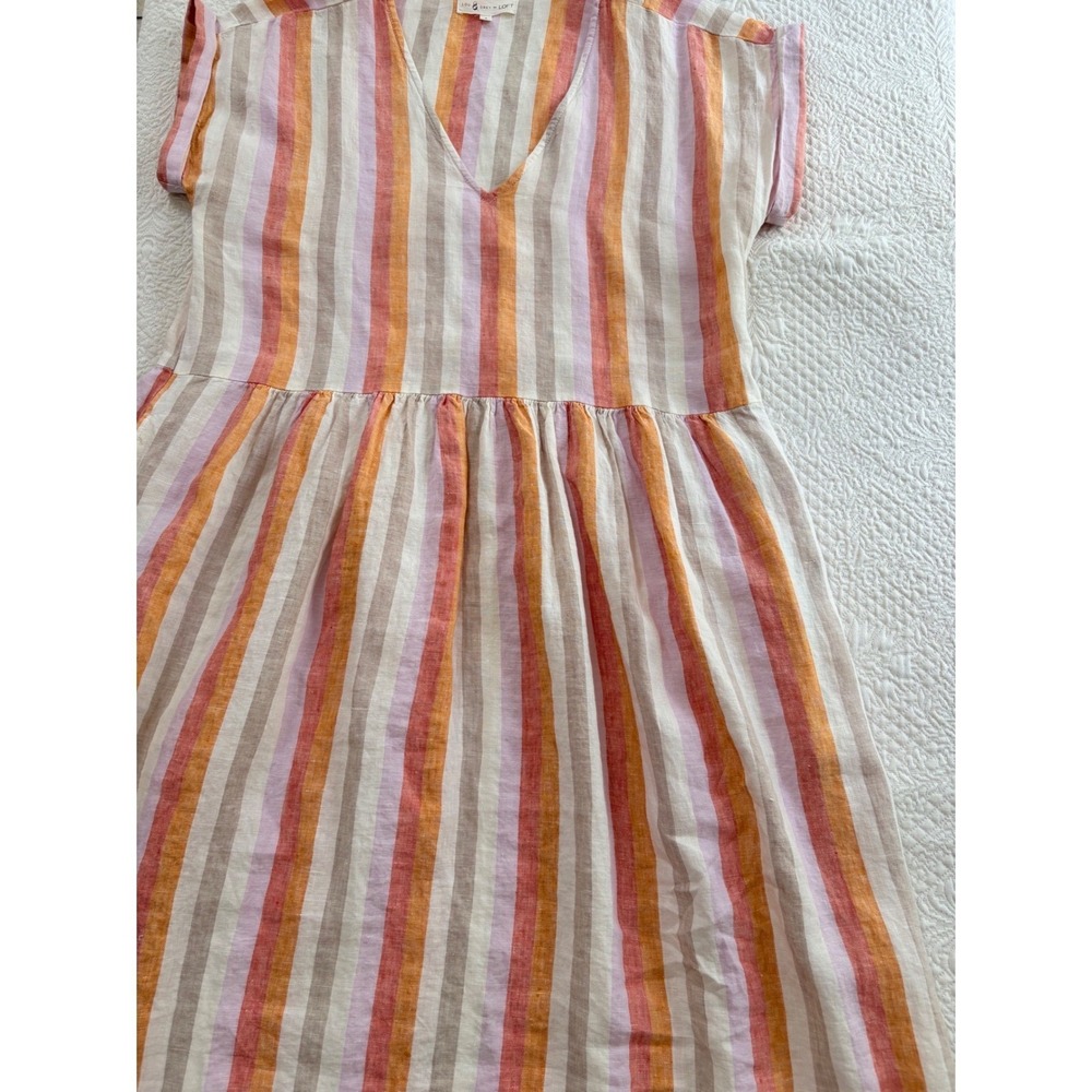 Lou & Grey for LOFT 100% Linen Striped V-Neck Midi Dress Pink Orange Tan Small
